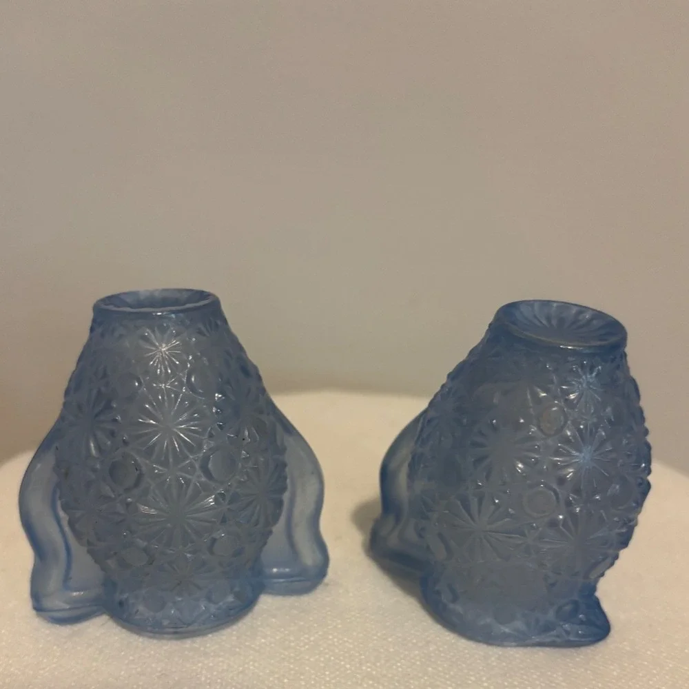 Vintage Blue Frosted Satin Glass Miniature Cream and Sugar Set Starburst Daisy